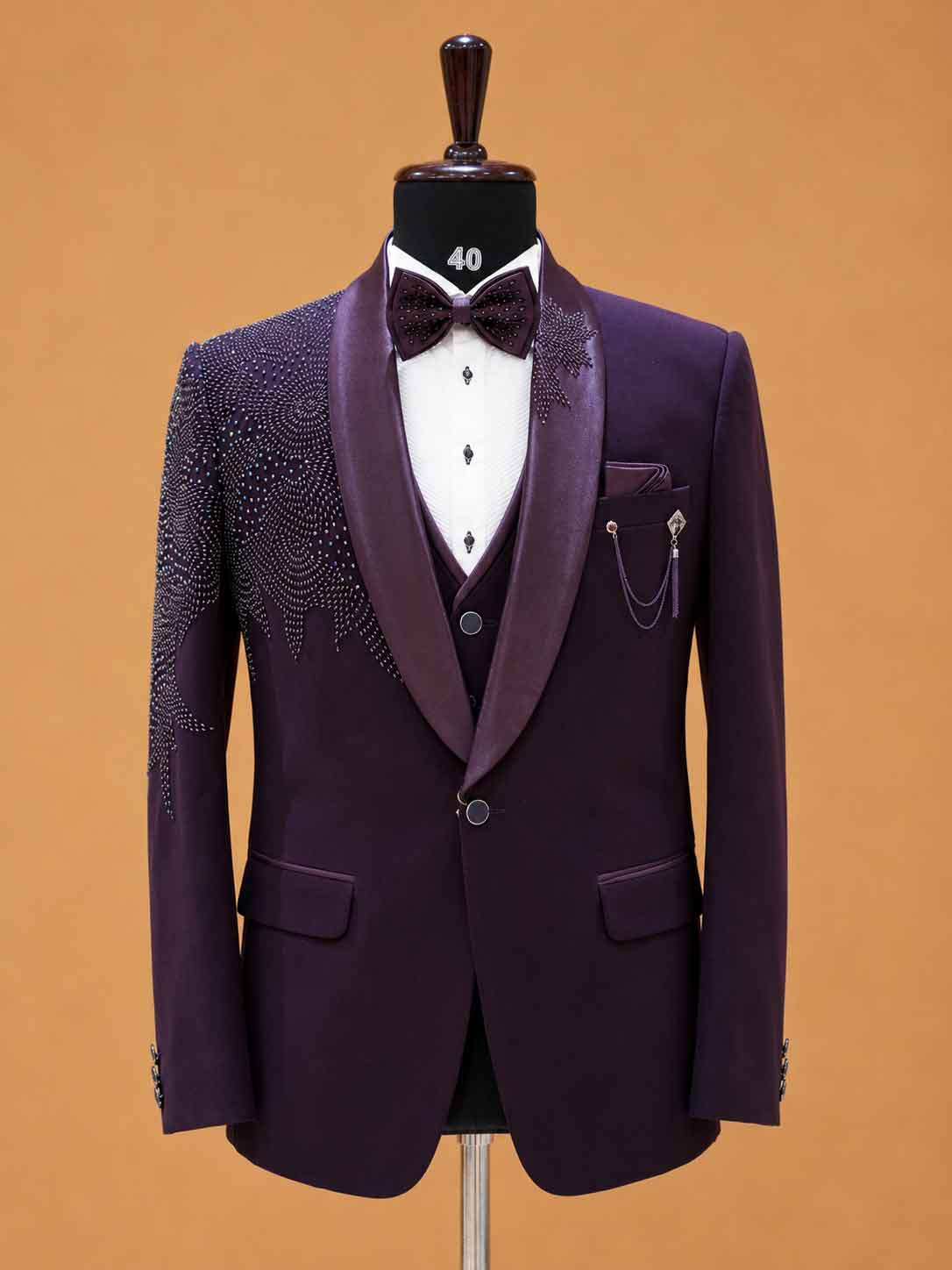 Luxury Deep Plum Embellished Tuxedo Suit for Men | Premium Designer Wedding, Reception & Black Tie Wear