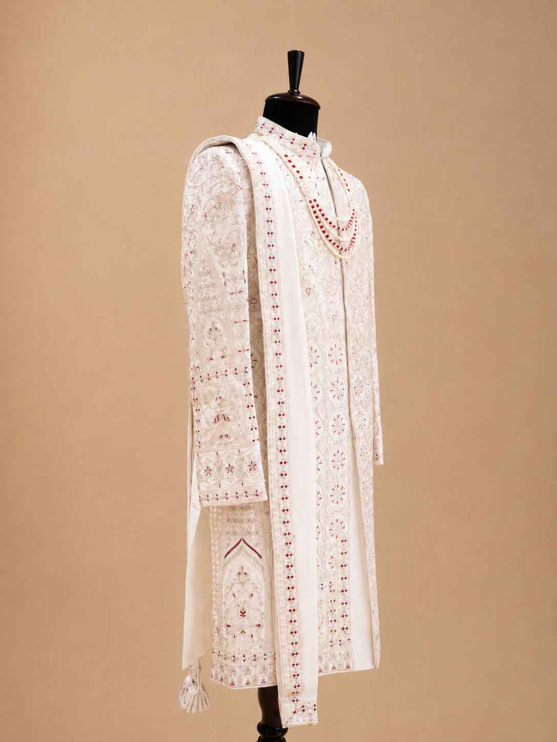 Men's Cream Embroidered Sherwani Set with Stole | Premium Designer Wedding & Groom Wear