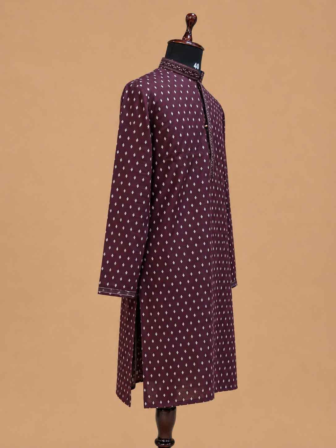 Men’s Wine Colour Printed Kurta with White Trousers | Festive Ethnic Wear