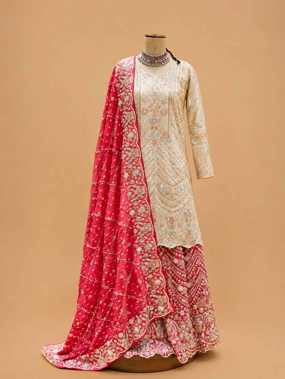 Rust Embroidered Sharara Set with Ivory Kurta & Dupatta | Wedding Wear