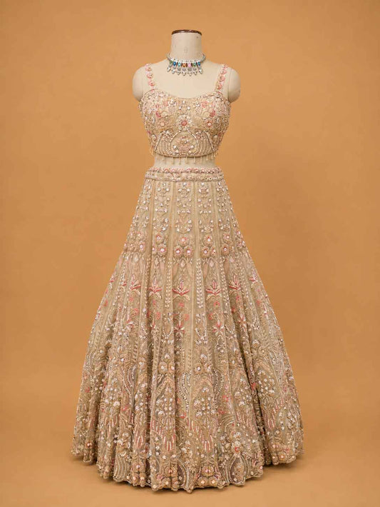 Gold embroidered bridal lehenga with floral detailing and dupatta - view 2