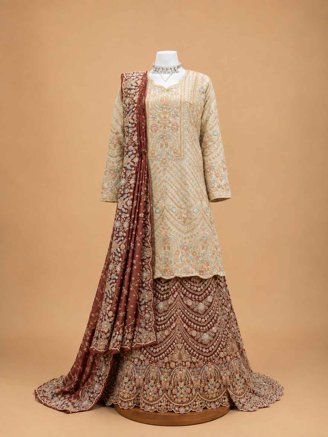 Maroon Embroidered Sharara Set with Ivory Kurta & Printed Dupatta | Wedding Wear