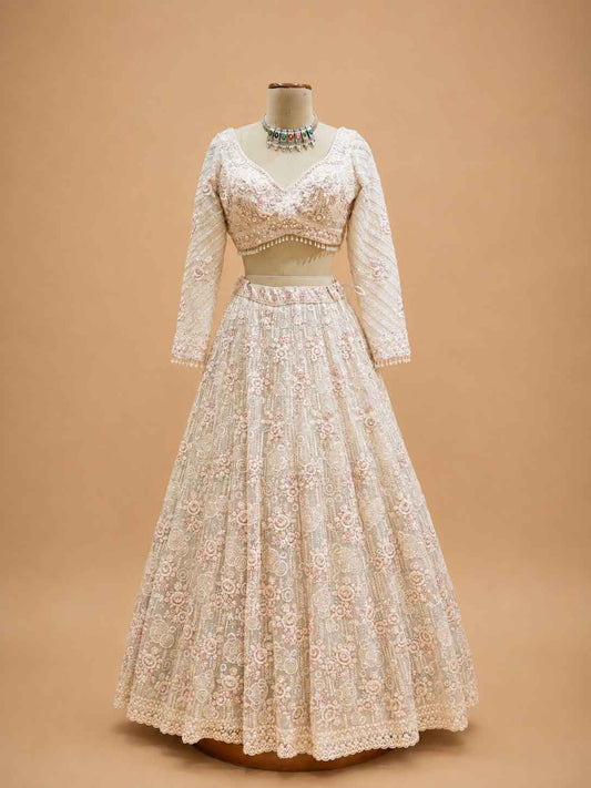 Ivory embroidered lehenga set with blouse and dupatta - view 2
