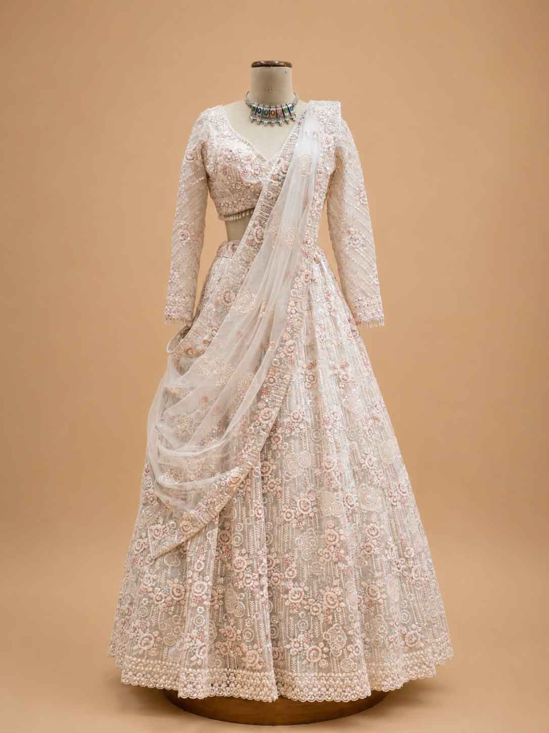 Ivory Embroidered Lehenga Set with Blouse & Dupatta | Wedding & Festive Wear