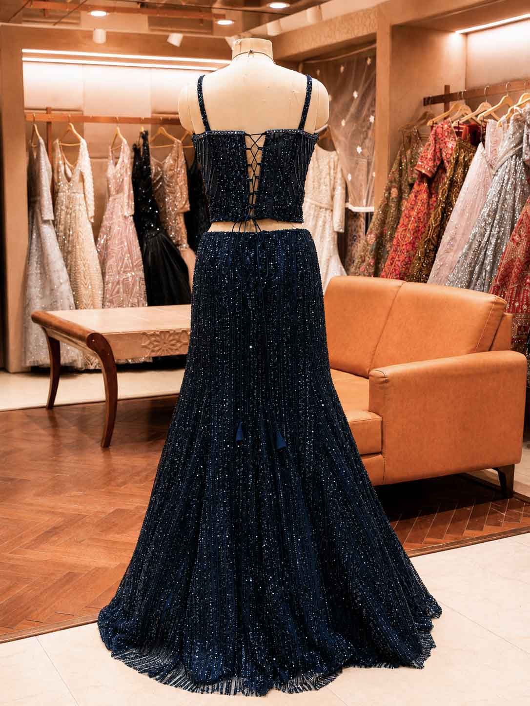 Navy Blue Embellished Gown with Sheer Cape | Elegant Party & Wedding Wear