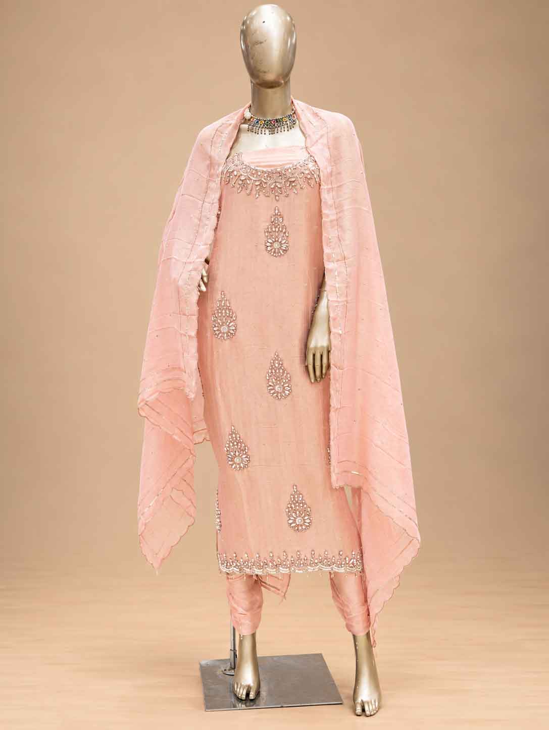Peach Embroidered Dress Material with Dupatta | Women's Unstitched Ethnic Suit Material