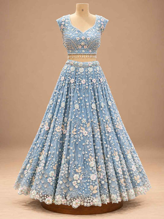 Powder Blue Embroidered Lehenga Set with Dupatta – embroidered outfit detail 1