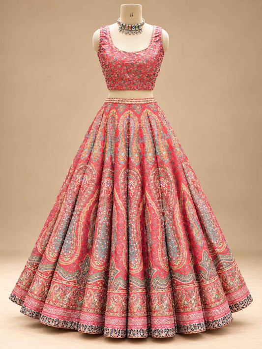 Coral Red & Pink Printed Lehenga Set with Embellished Dupatta for Women – product view 2