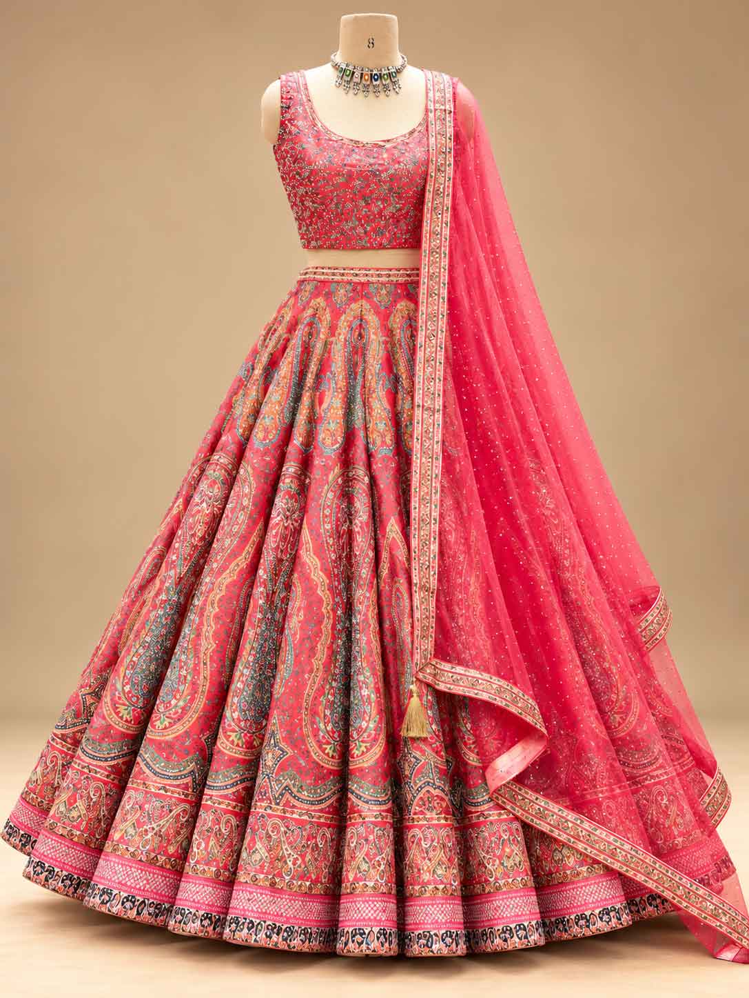 Coral Red & Pink Printed Lehenga Set with Embellished Dupatta for Women – product view 6