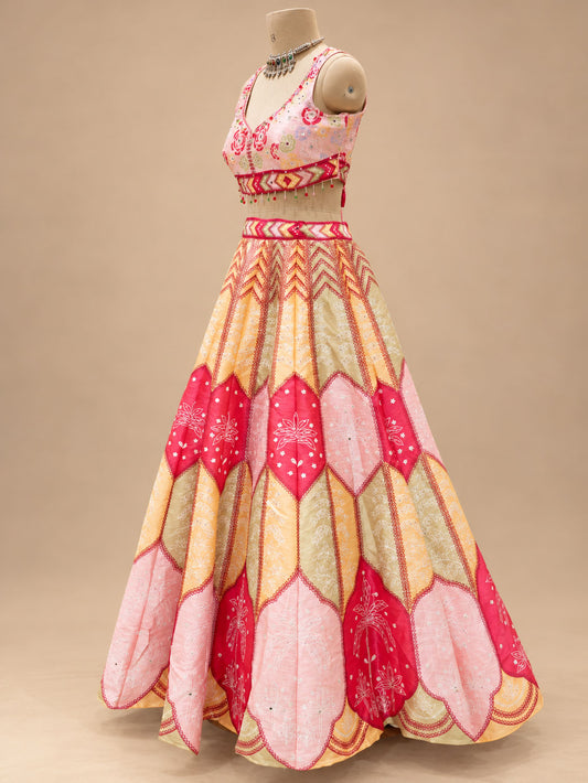 Pink & Golden Yellow Floral Designer Lehenga Set with Sheer Dupatta for Women – product view 2