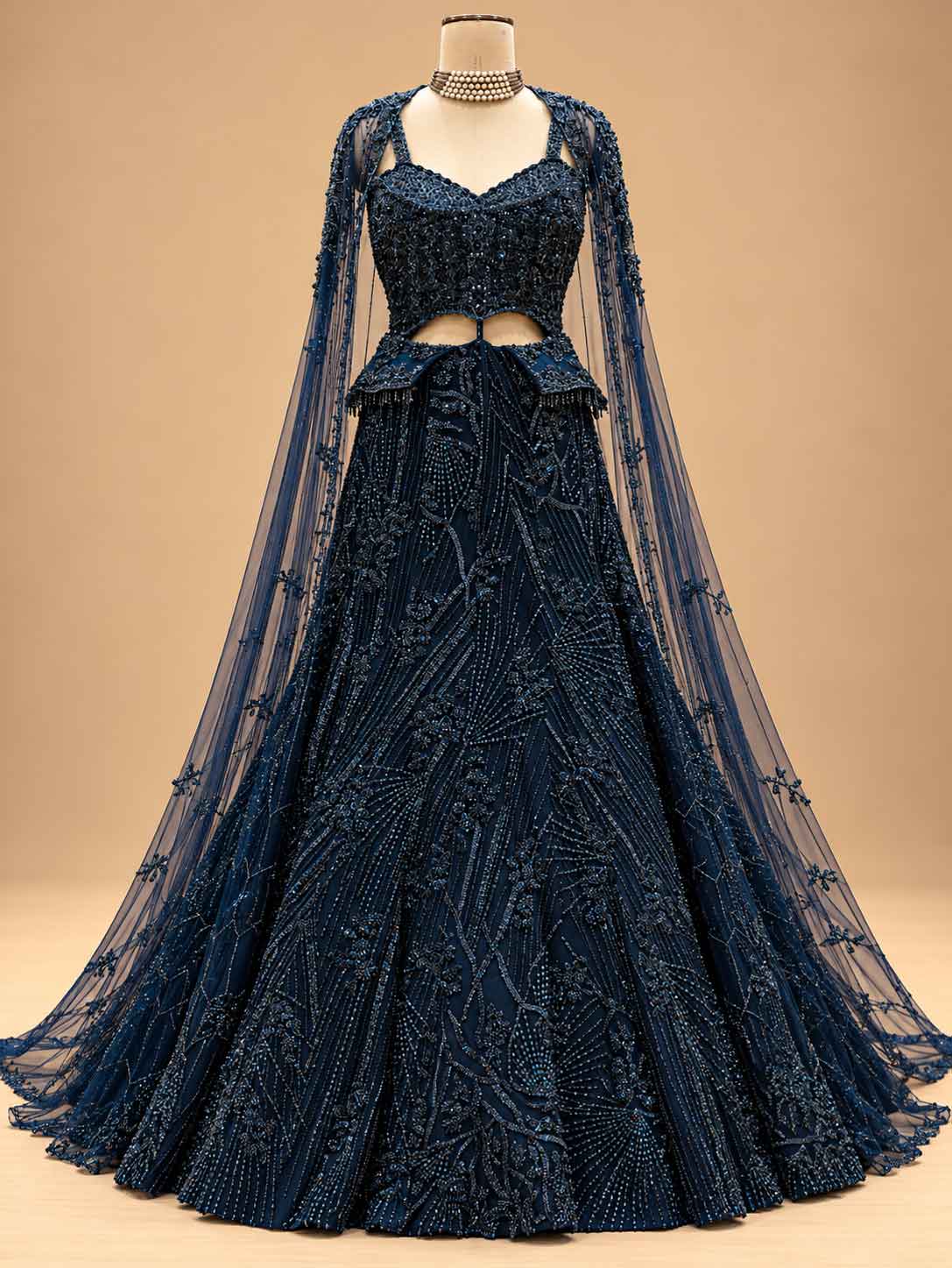 Midnight Navy Blue Embellished Lehenga Set with Sheer Dupatta | Women's Wedding Wear