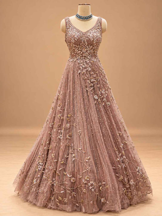 Dusty Rose Embroidered Anarkali Gown with Cape | Designer Indian Occasion Wear