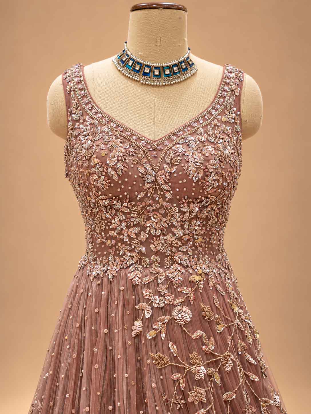 Dusty Rose Embroidered Anarkali Gown with Cape | Designer Indian Occasion Wear
