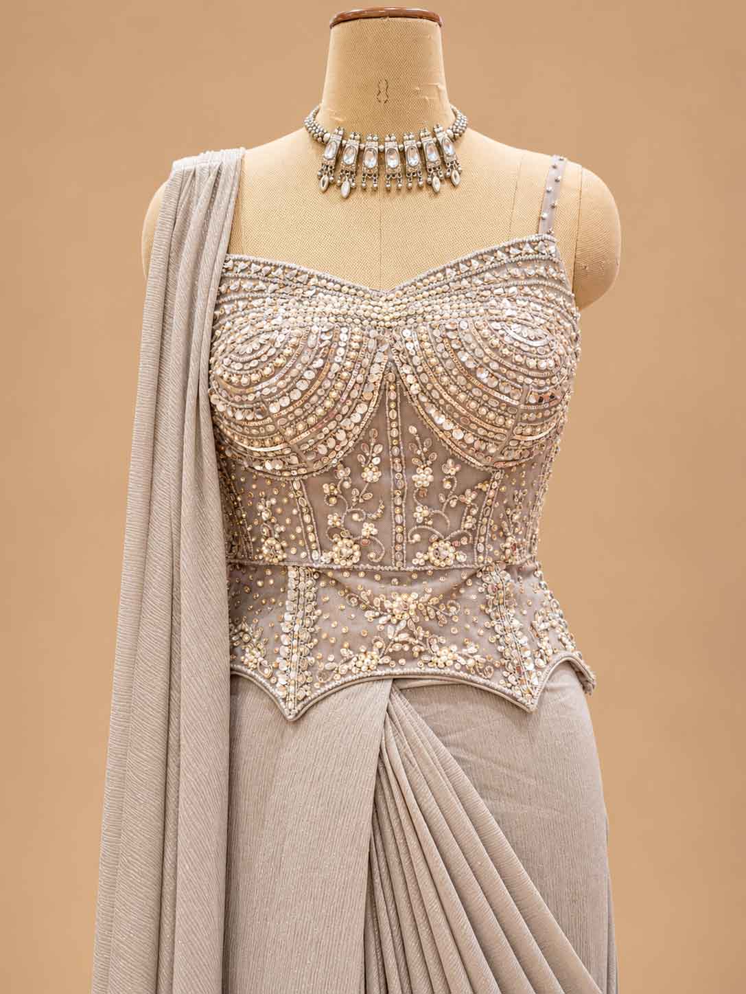 Champagne Beige Embellished Pre-Draped Saree with Beaded Blouse | Women's Occasion Wear