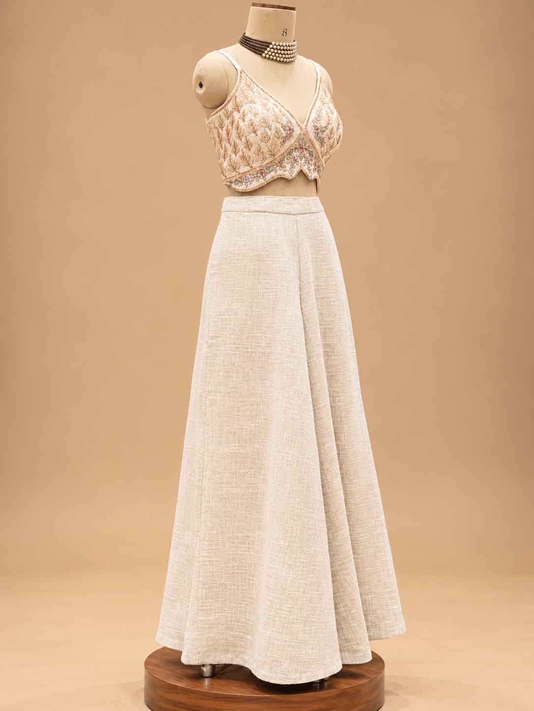 Ivory Embroidered Crop Top with Jacket & Wide-Leg Palazzo Set | Women's Ethnic Wear