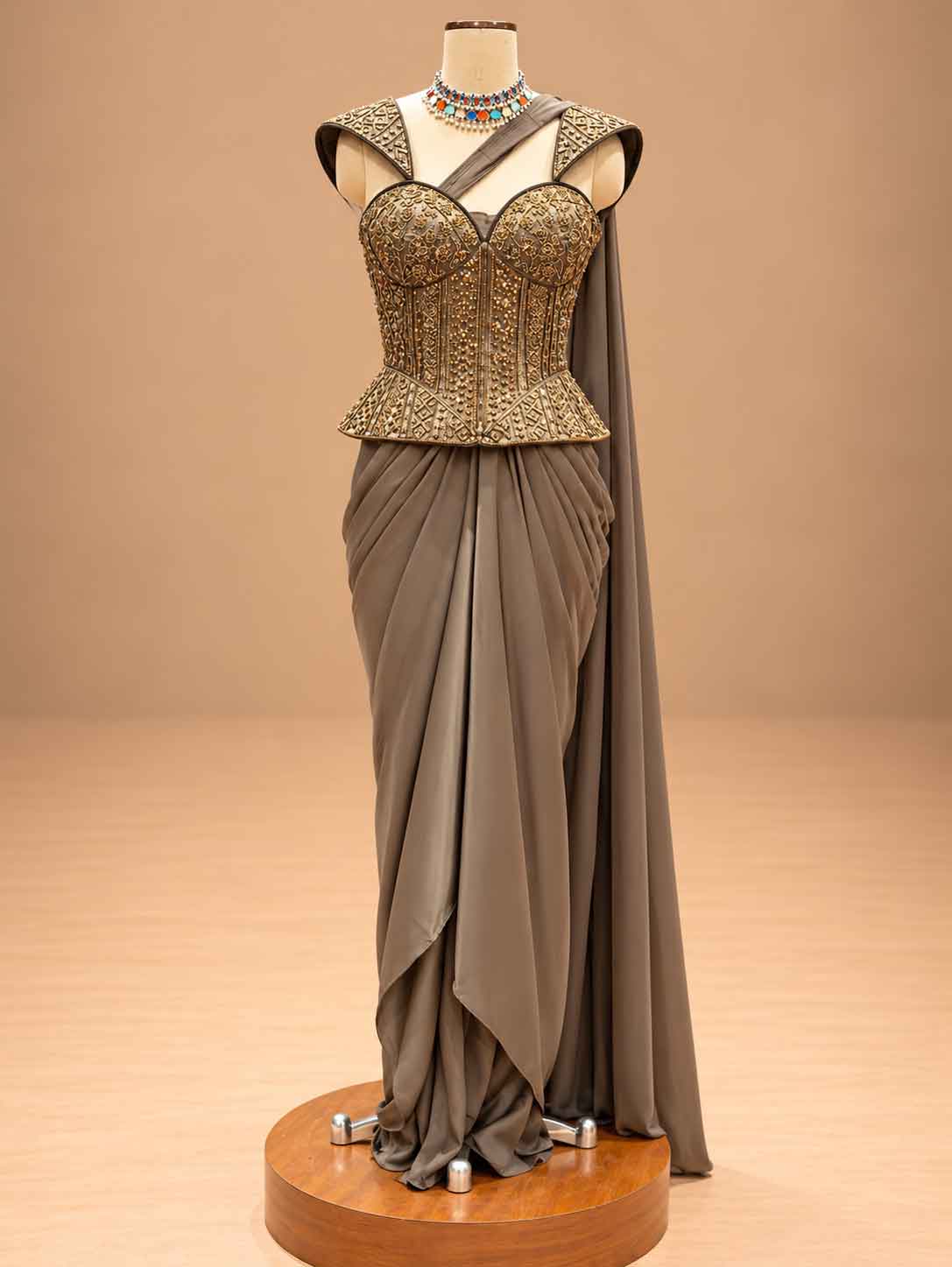 Taupe Brown Embroidered Pre-Draped Saree with Corset Blouse | Women's Party Wear