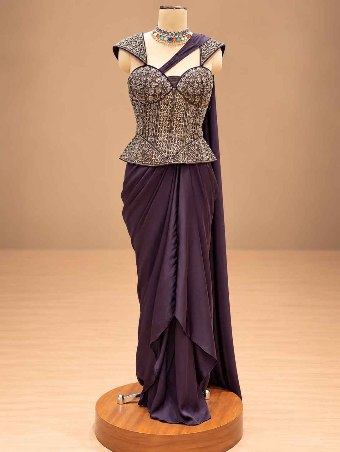 Deep Plum Embroidered Pre-Draped Saree with Corset Blouse | Women's Party Wear