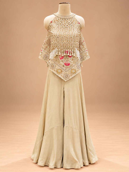 Ivory Embellished Peplum Kurta with Wide-Leg Sharara Set – product view 2