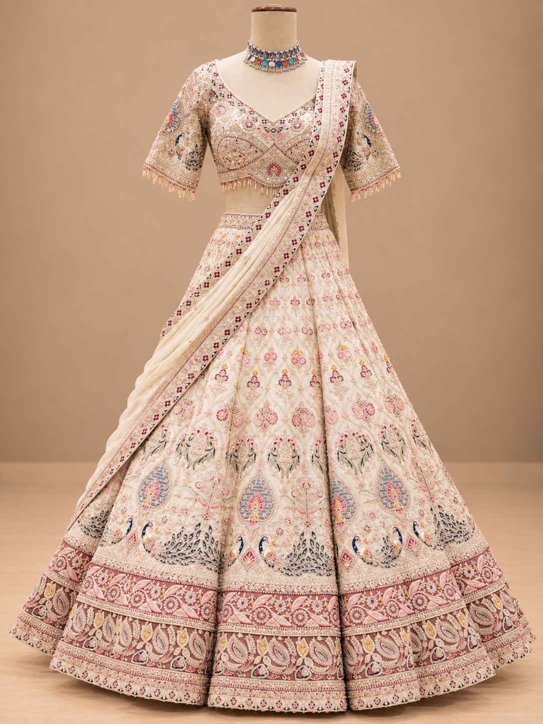 Ivory Multicolour Embroidered Lehenga Set with Dupatta | Women's Ethnic Wedding Wear