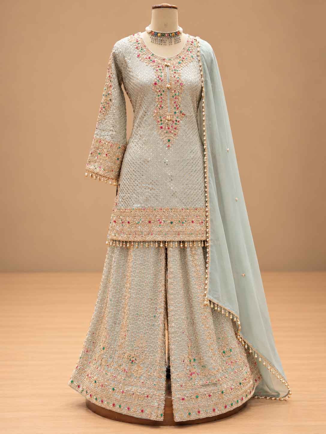 Pastel Mint Green Embroidered Sharara Suit Set with Dupatta | Women's Festive Wear