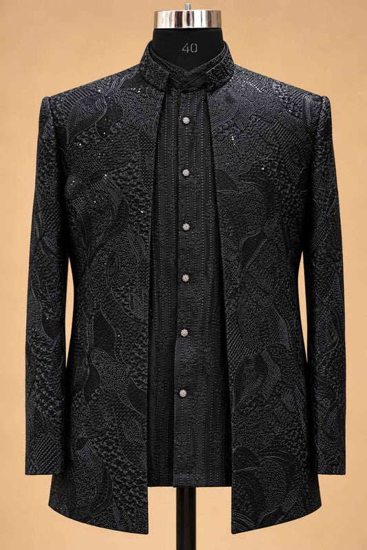 Black Textured Indo-Western Suit Set for Men – product image 2