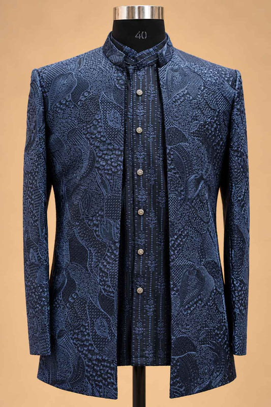 Navy Blue Textured Indo-Western Suit Set for Men – product image 2