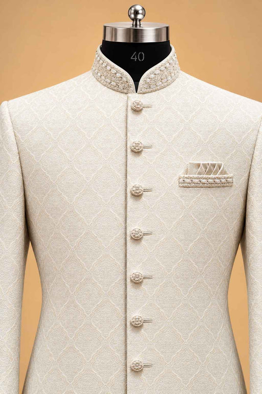 Ivory Textured Sherwani for Men with Draped Dhoti – product image 2