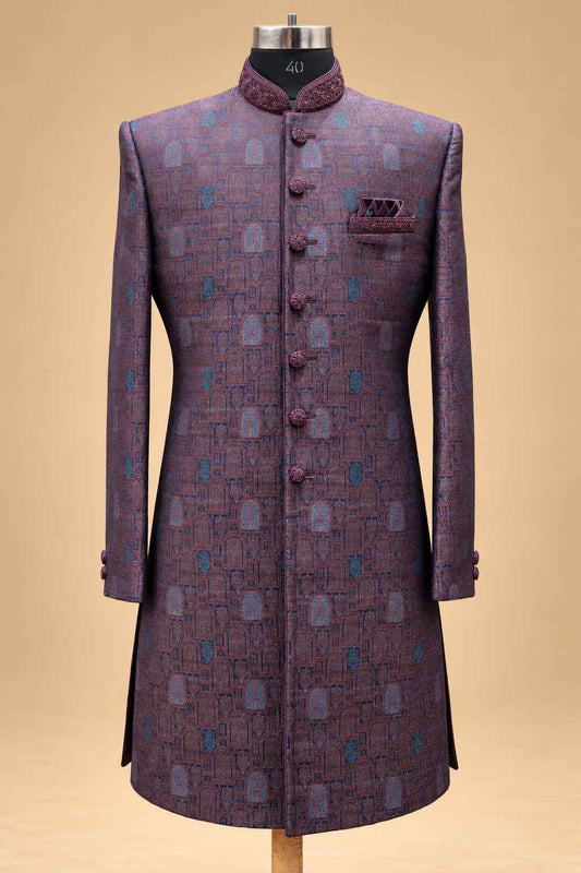 Plum Textured Sherwani with Ivory Dhoti for Men – product image 2