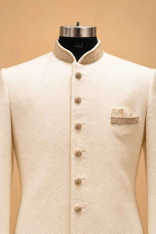 Ivory Textured Sherwani for Men with Trousers – product image 2