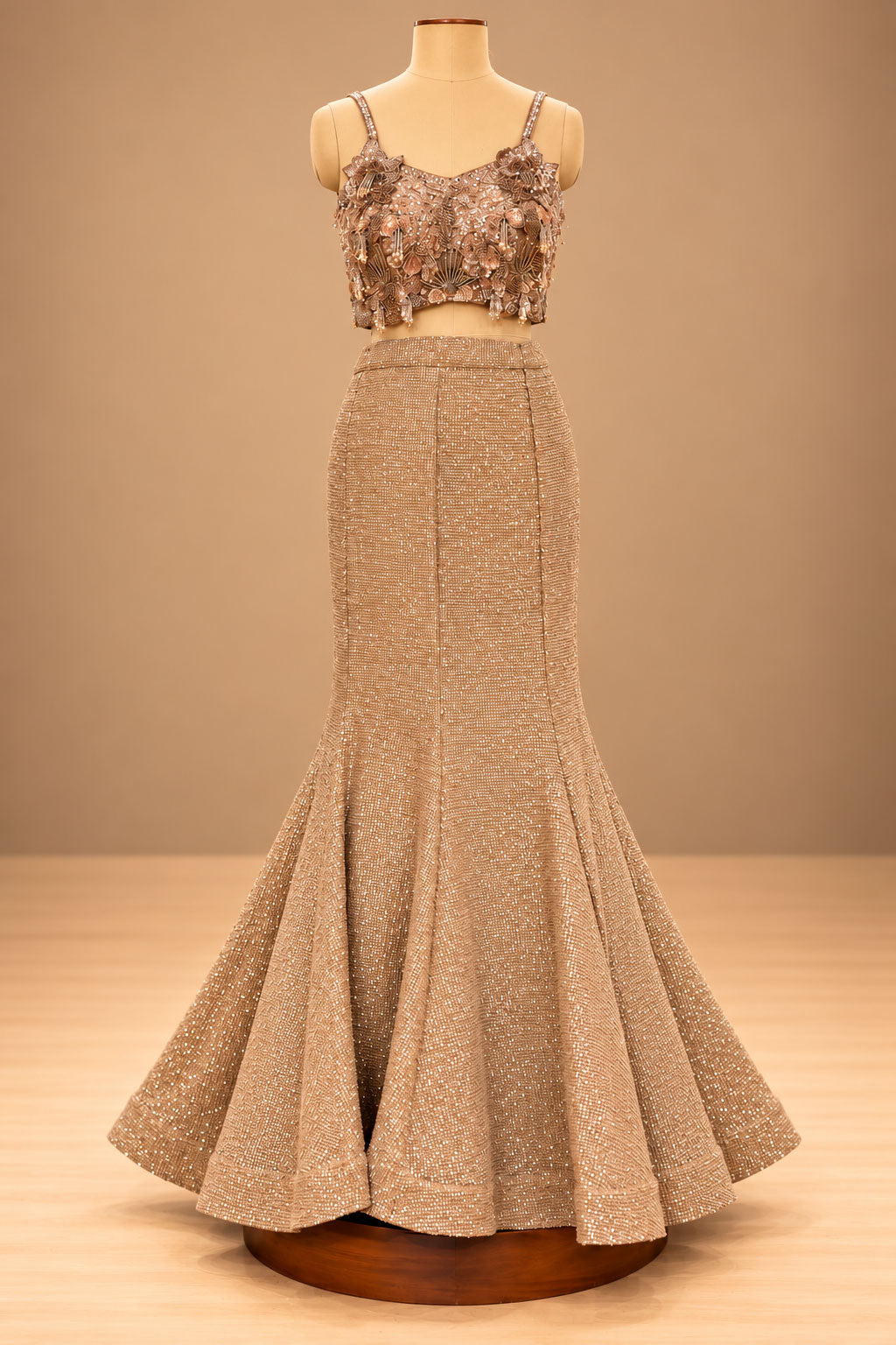 Premium Champagne Gold Sequin Embellished Mermaid Lehenga with 3D Floral Blouse and Sheer Cape – product image 6