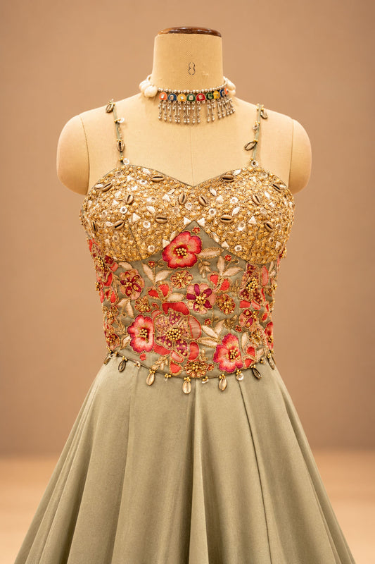 Premium Sage Green Floral Embroidered Gown with Gold Embellishments and Flowing Cape – product image 2