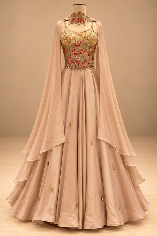 Premium Blush Peach Designer Gown with Gold Floral Embroidery and Sheer Cape – product image 2