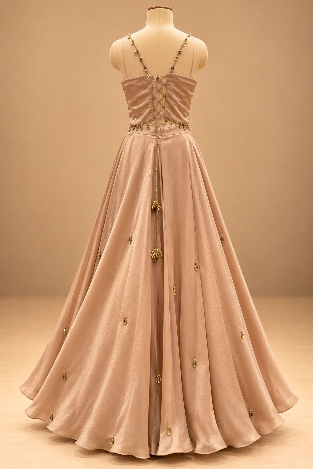 Premium Blush Peach Designer Gown with Gold Floral Embroidery and Sheer Cape – product image 6