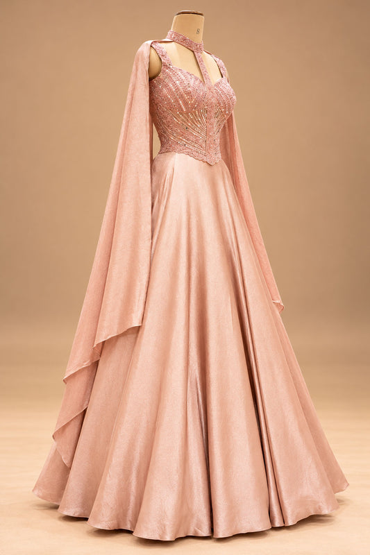 Premium Blush Pink Embellished Flared Gown with Draped Cape Sleeves for Women – product image 2