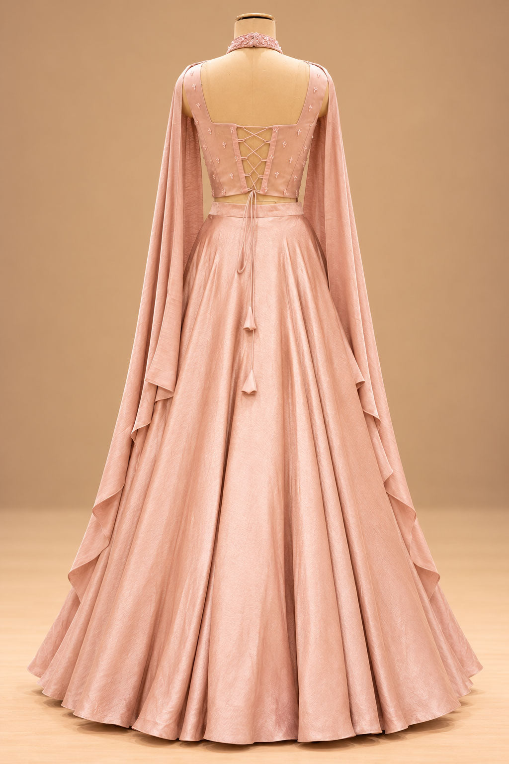 Premium Blush Pink Embellished Flared Gown with Draped Cape Sleeves for Women – product image 5