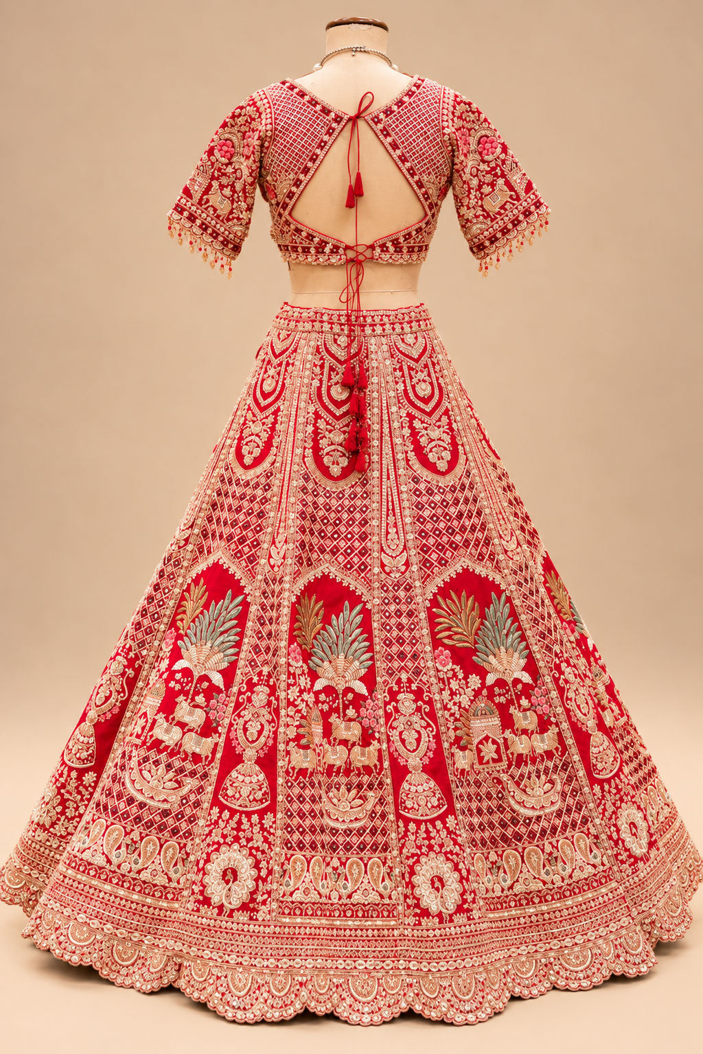 Premium Red Bridal Lehenga with Gold Embroidery, Multicolour Floral Motifs and Heavy Embroidered Dupatta