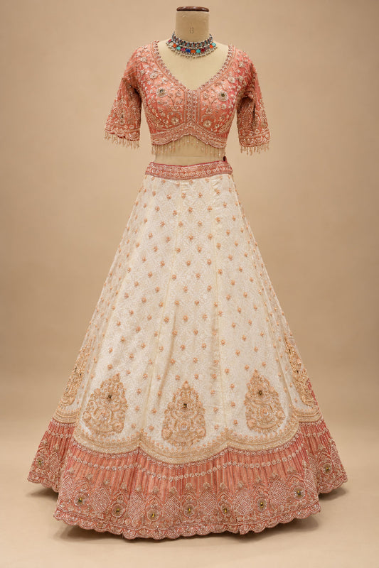 Premium Coral Peach and Ivory Bridal Lehenga with Intricate Embroidery and Dupatta – product view 2