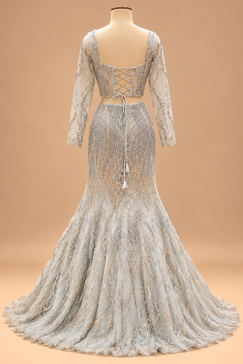 Luxury Silver Grey Mermaid Bridal Lehenga with Gold Embroidery, Designer Full-Sleeve Blouse and Flowing Dupatta