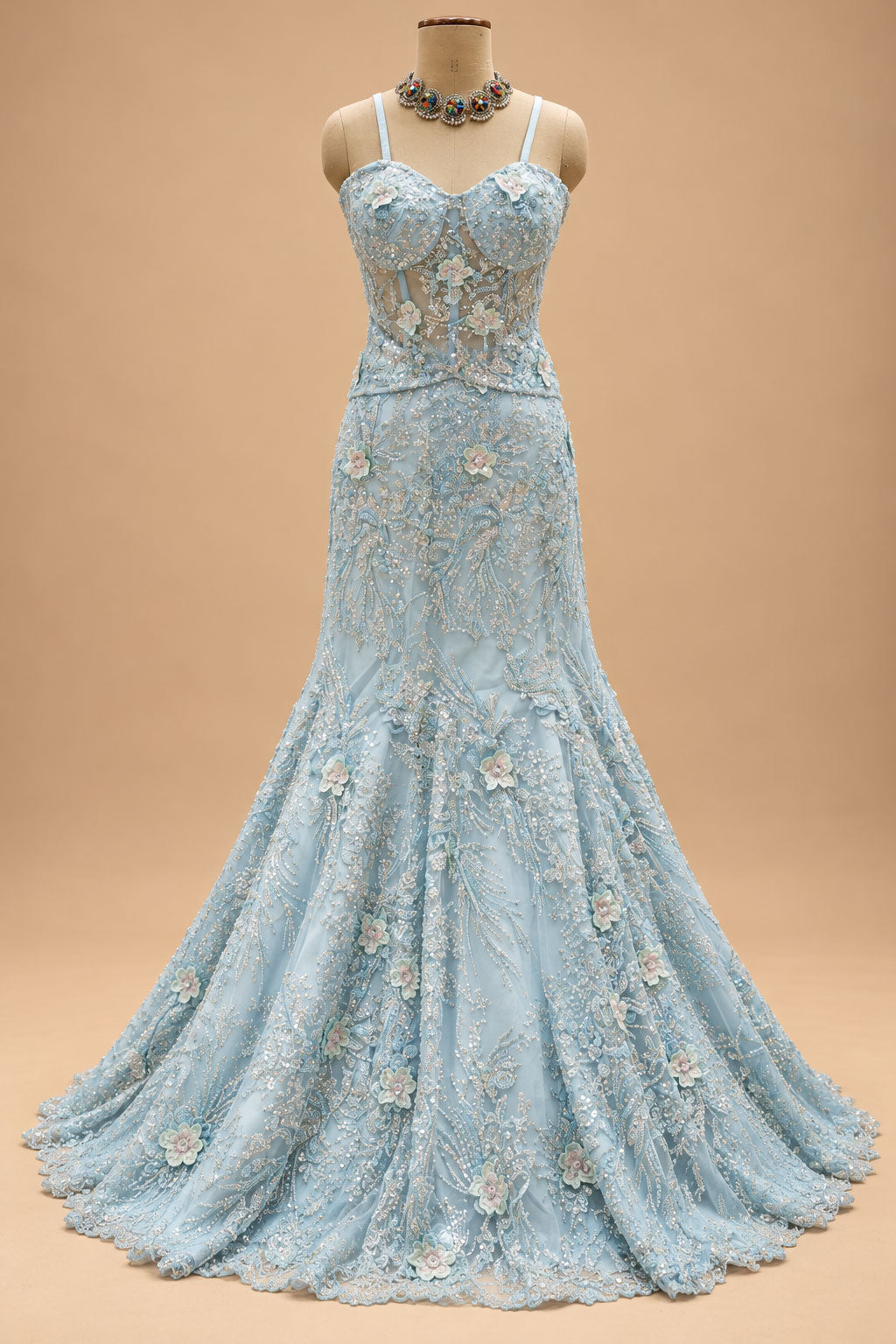 Premium Ice Blue Floral Embroidered Mermaid Gown with Sheer Cape for Women – product view 6