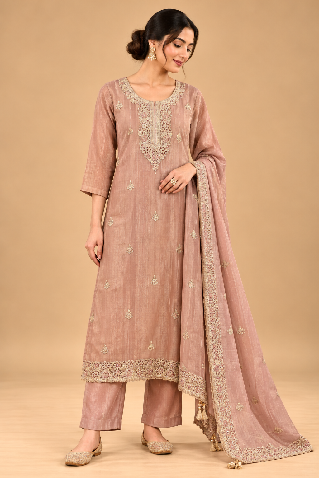 Elegant Dusty Rose Pink Embroidered Straight Kurta Set with Pants and Dupatta for Women