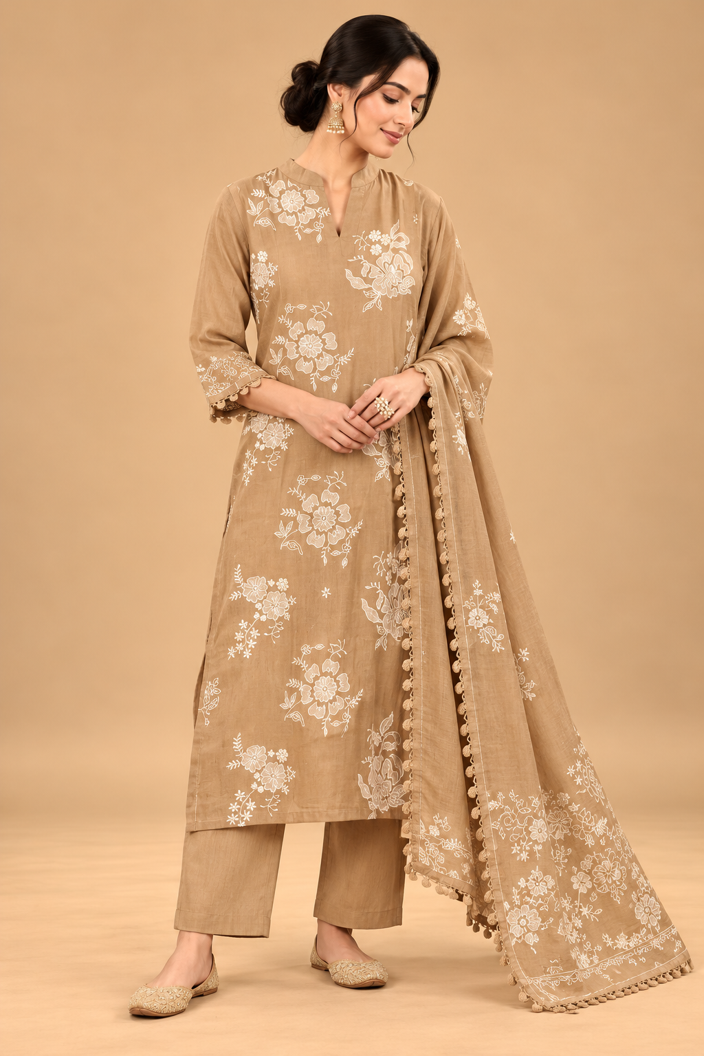 Elegant Camel Beige Floral Embroidered Straight Kurta Set with Pants and Dupatta for Women