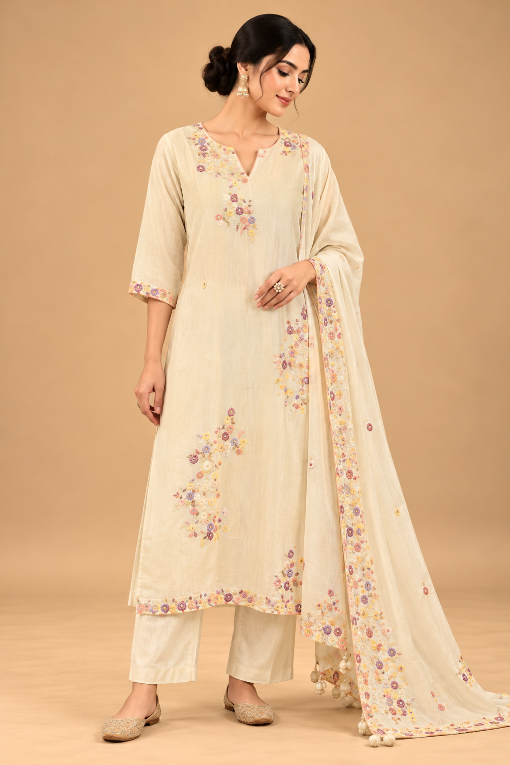 Elegant Ivory Cream Multicolour Floral Embroidered Straight Kurta Set with Pants and Dupatta for Women