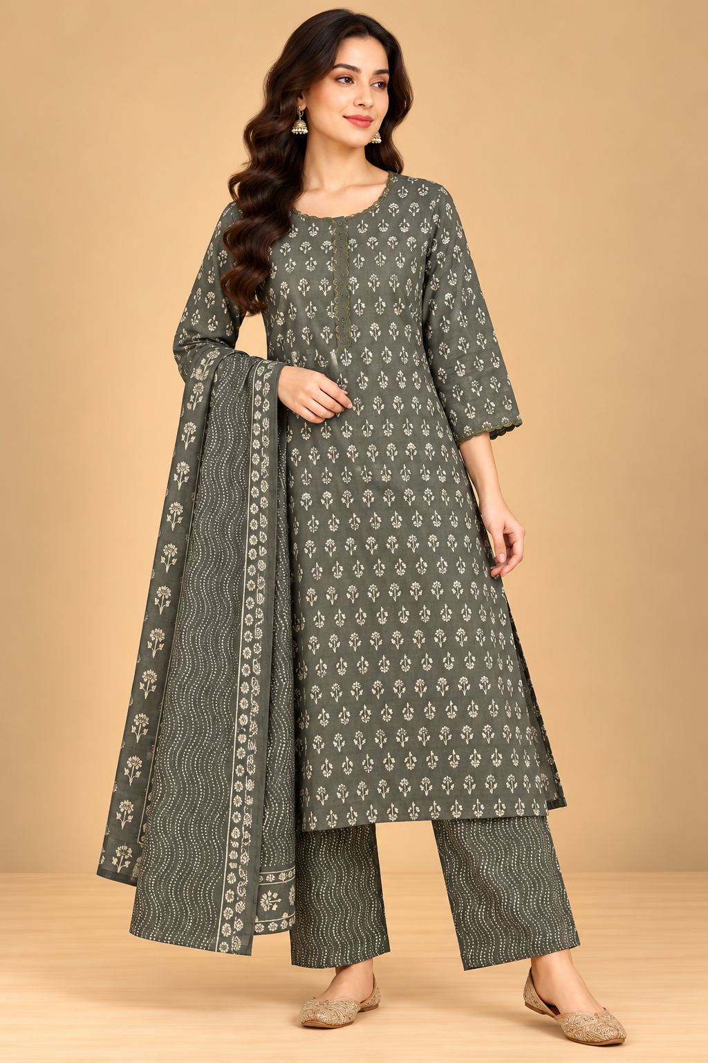 Olive Grey Floral Printed A-Line Kurta Palazzo Set with Dupatta for Women