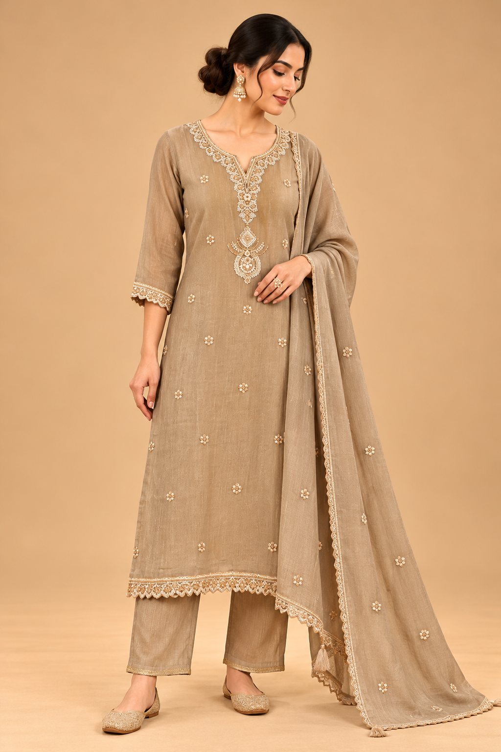 Elegant Taupe Beige Embroidered Straight Kurta Set with Pants and Dupatta for Women