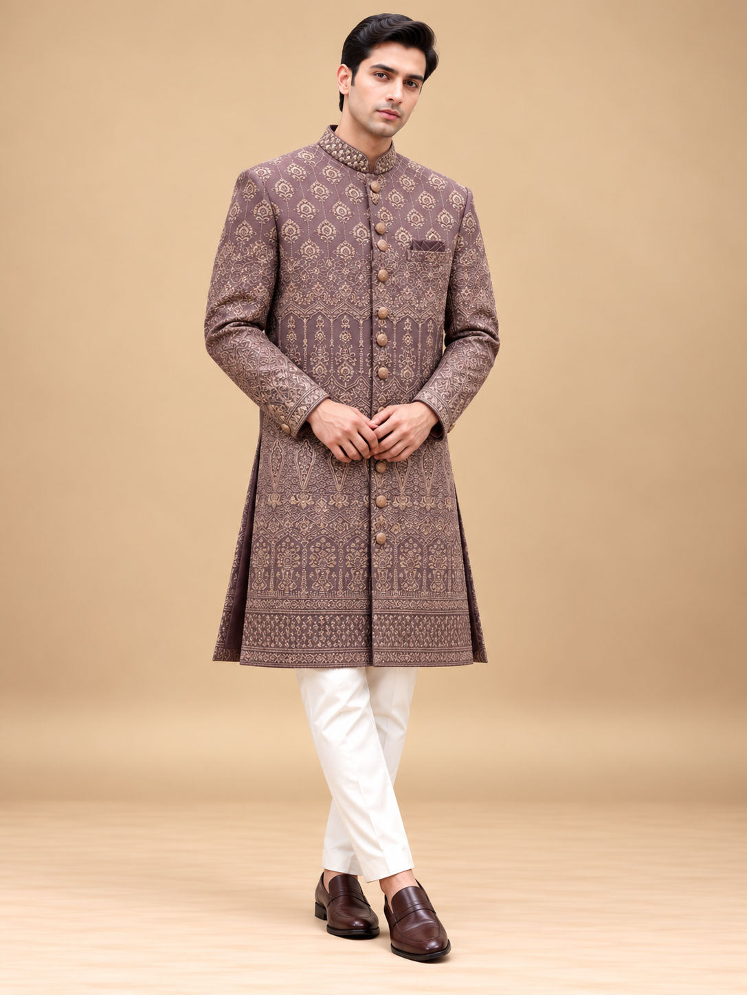 Premium Dusty Plum Sherwani with Antique Gold Jacquard Motifs for Men – product view 1
