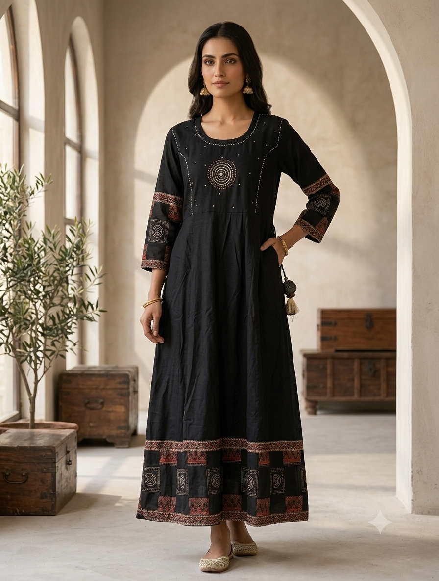 Black Printed A-Line Kurti for Women | Elegant Ethnic Cotton Kurti with Embroidered Yoke