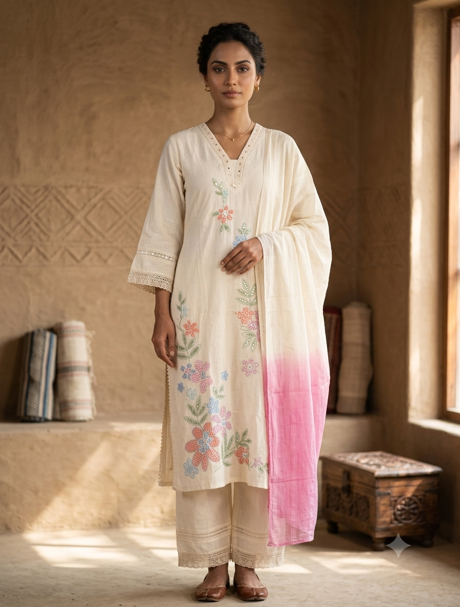 Off White Floral Embroidered Cotton Kurti Set for Women with Pink Ombre Dupatta | Elegant Ethnic Suit Set