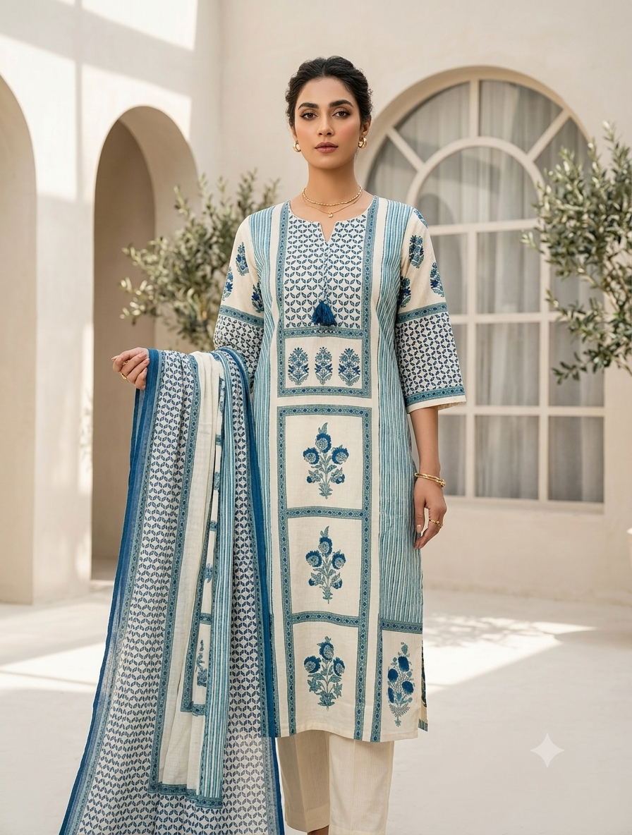 Teal Blue Cotton Printed Kurti Set for Women with Dupatta | Elegant Ethnic Straight Kurti