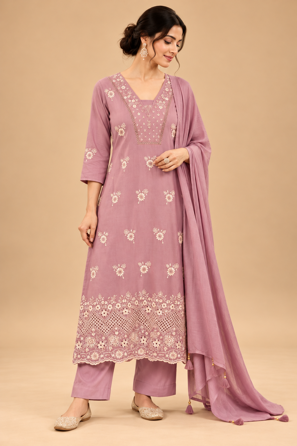 Elegant Dusty Mauve Pink Embroidered Straight Kurta Set with Palazzo Pants and Dupatta for Women