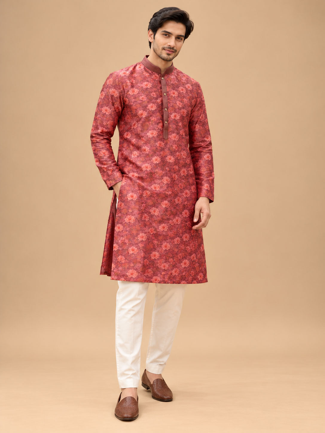 Maroon Floral Printed Designer Kurta for Men with Mandarin Collar – product view 1